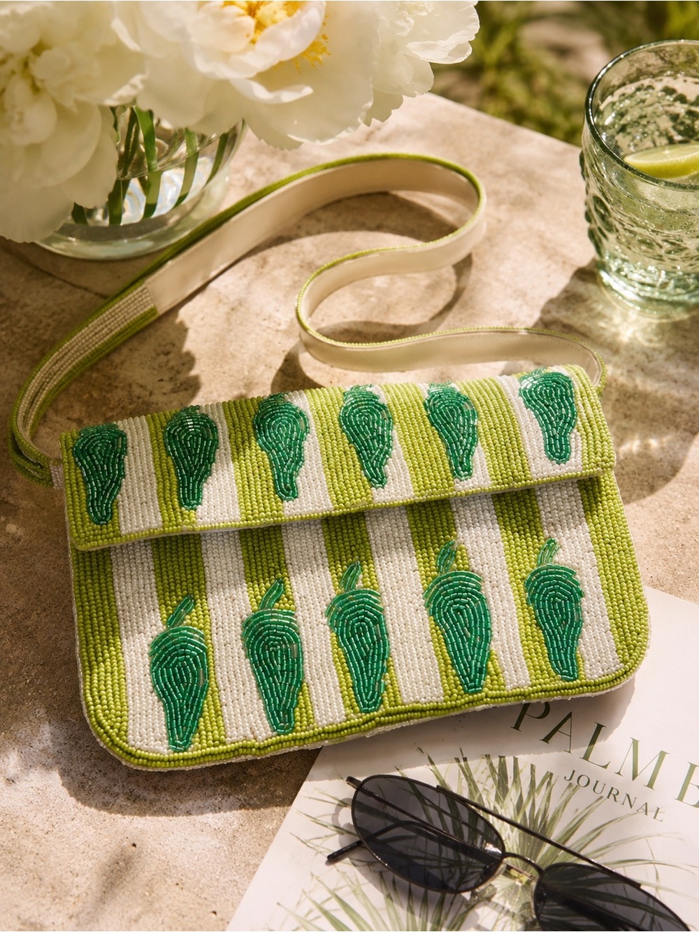 Anthropologie Beaded Green & White Stripe hand Bag Maeve